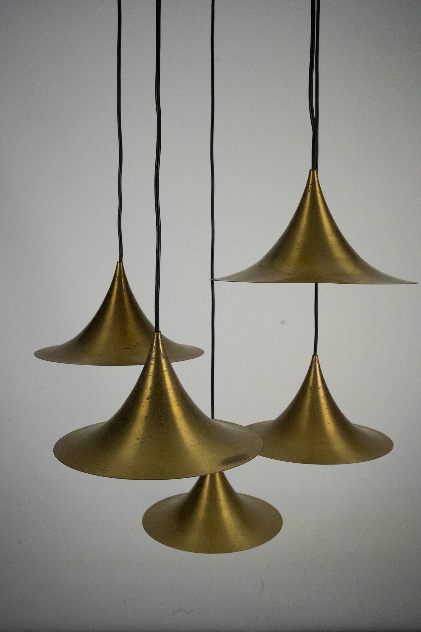 Fog & Morup, Midcentury Brass Pendant with Five Pendant Drops. Danmark 1960