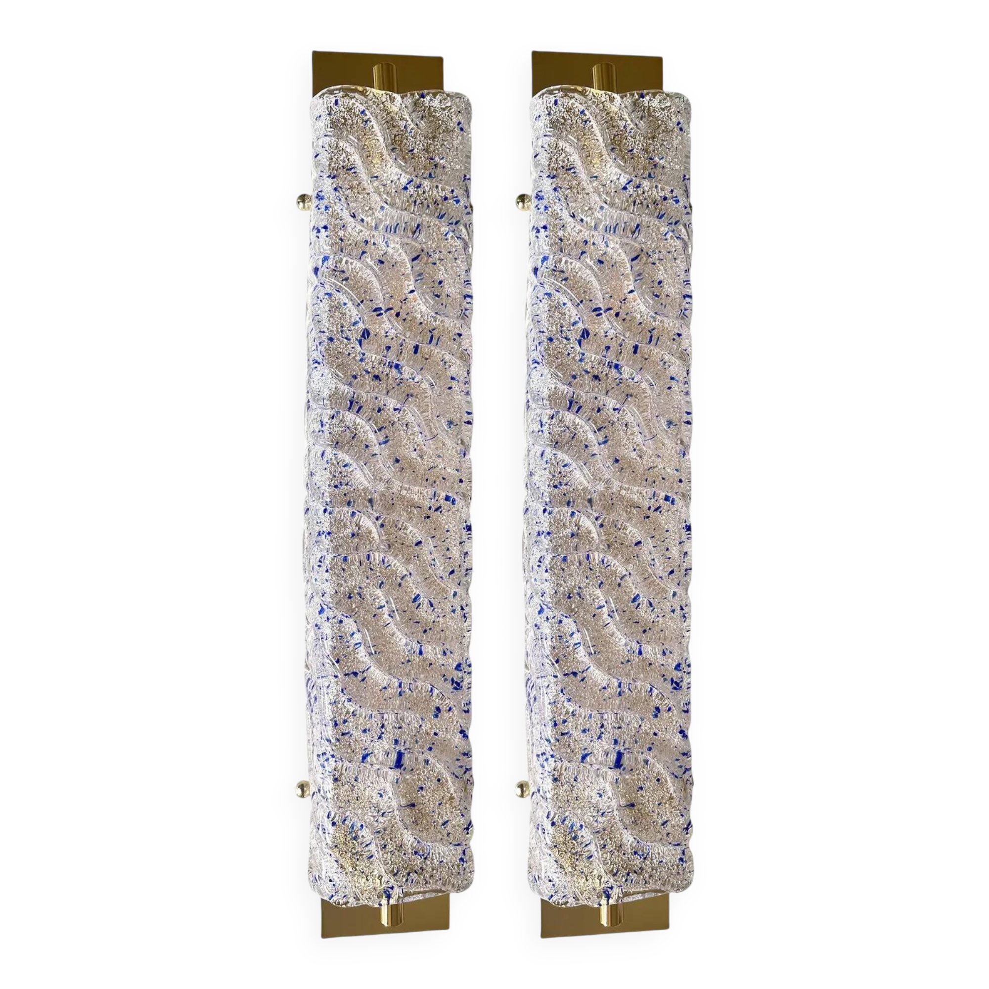 Pair of Gold Wall Sconces with Blue Graniglia Murano Glass
