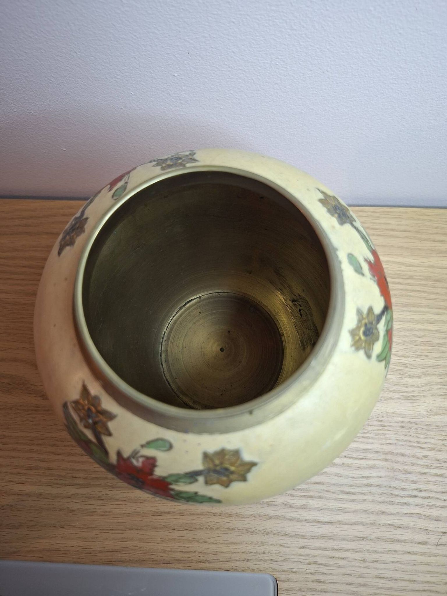 Vintage enamelled brass round vase with handmade floral decoration.