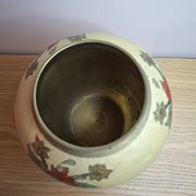 Vintage enamelled brass round vase with handmade floral decoration.