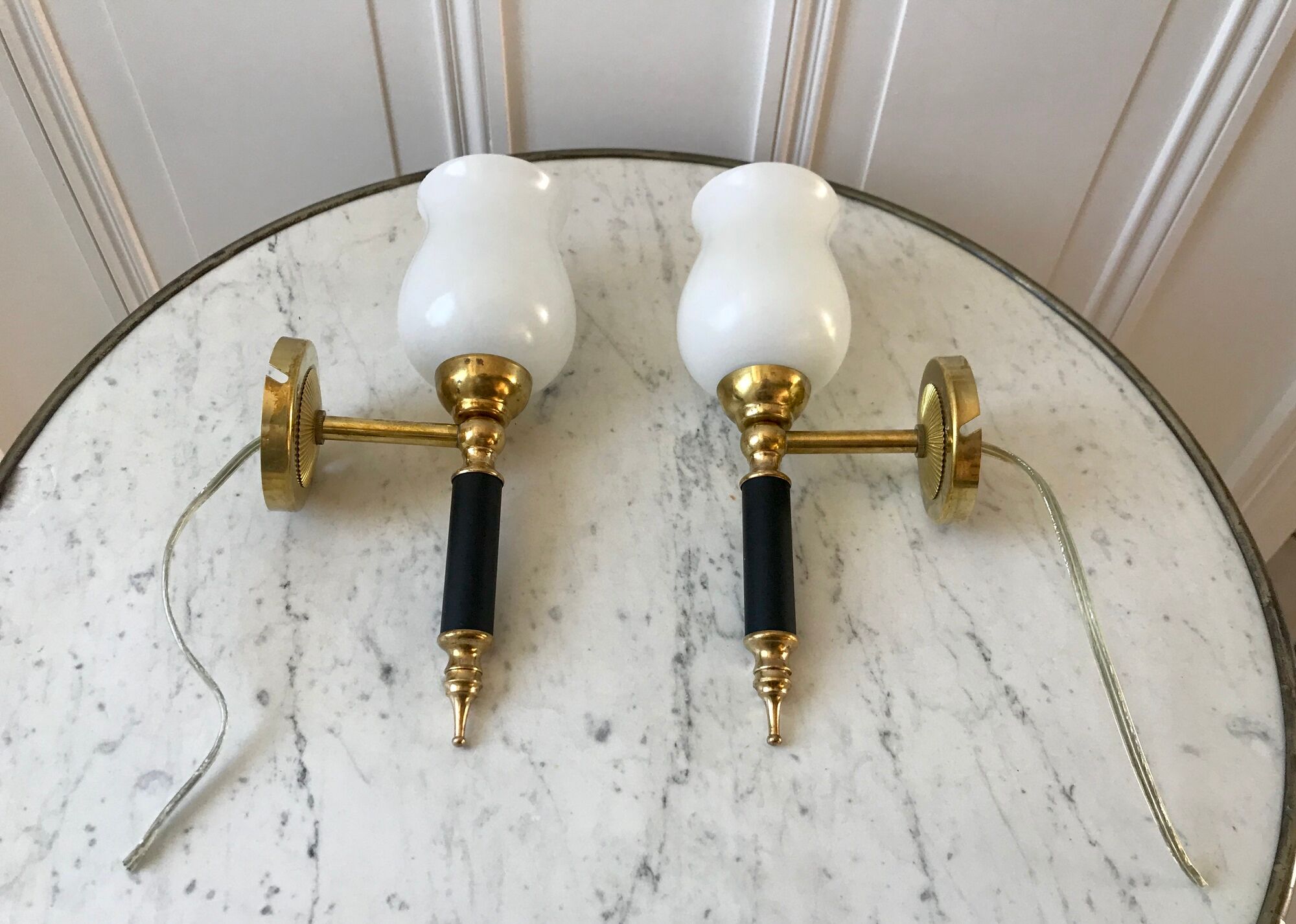 Pair of opaline and golden brass wall lamps art deco style 30s