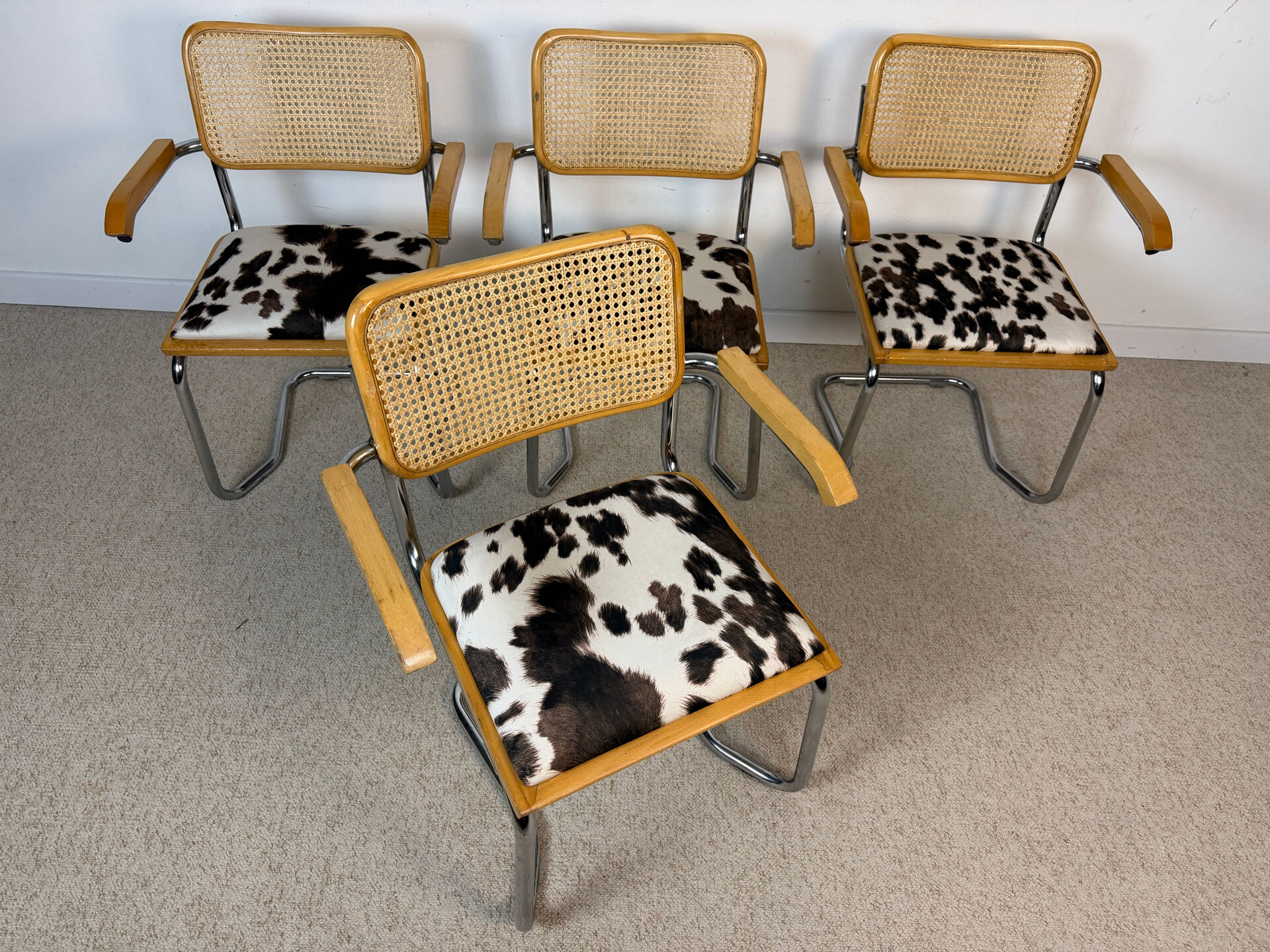 4 fauteuils cannés chrome et bois années 70