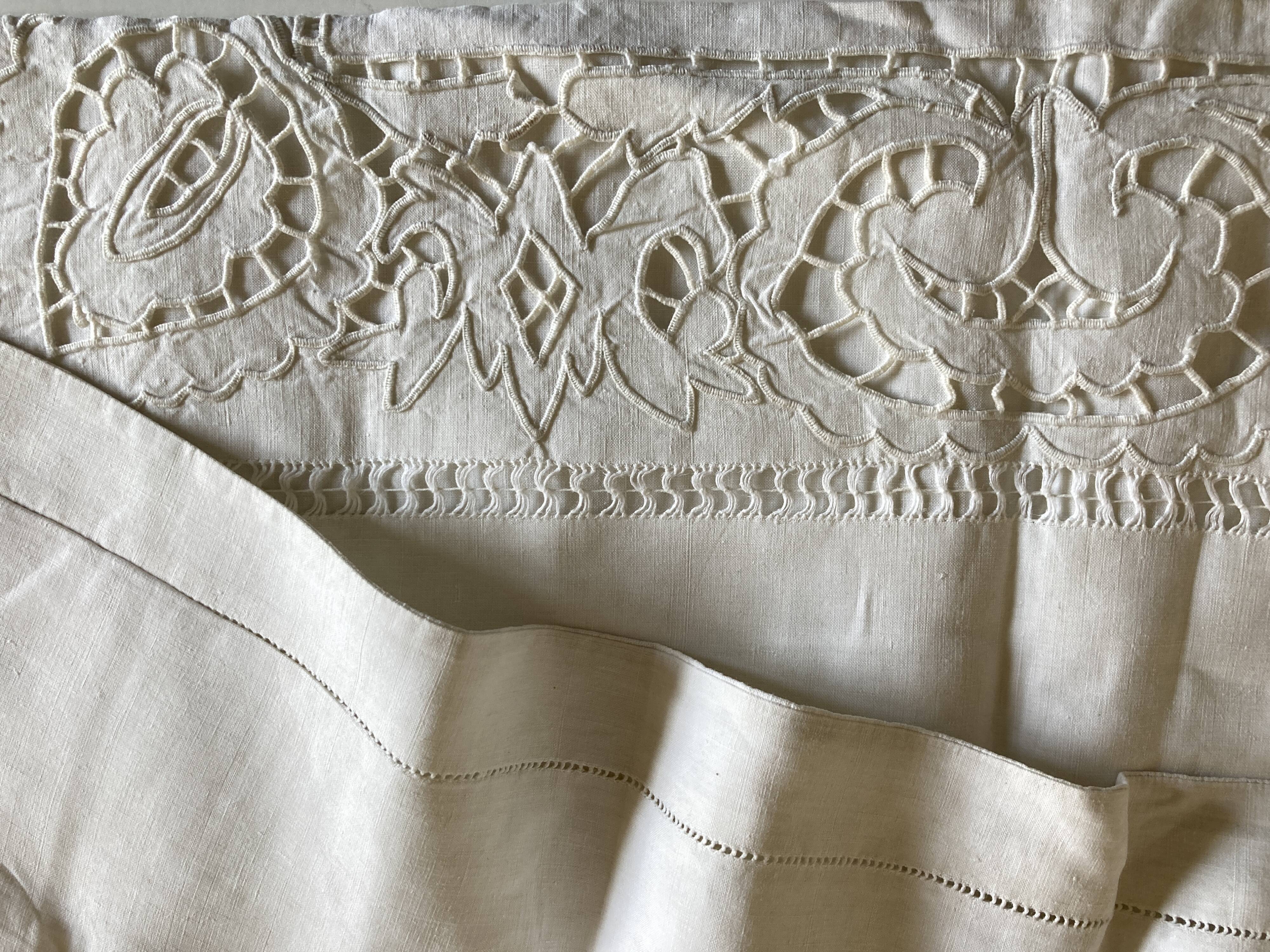 Pair of chateau pillowcases made of embroidered linen thread richelieu 19th