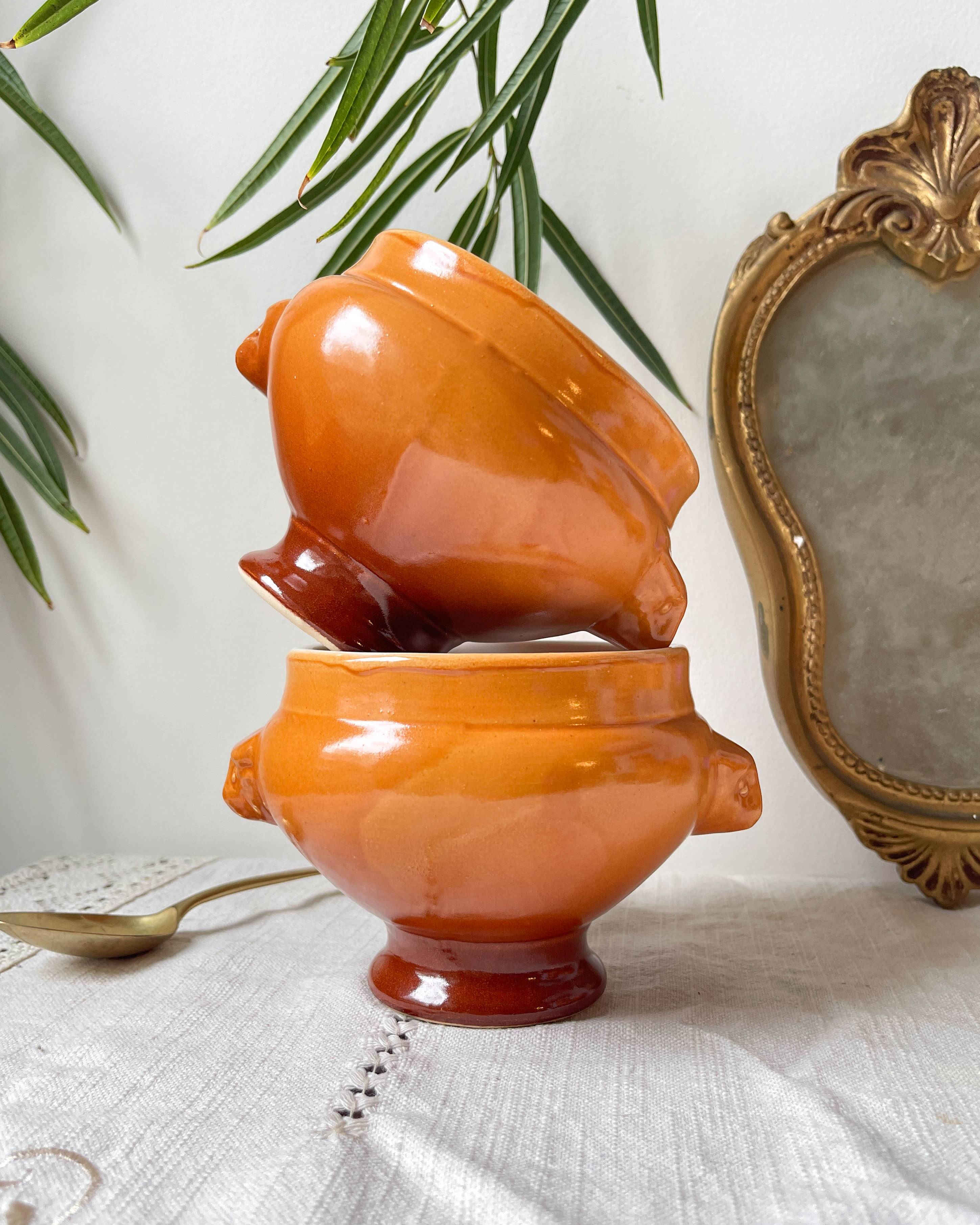 6 vintage Emile Henry ceramic lion head bowls, brown gradient, made in France