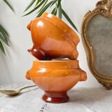 6 vintage Emile Henry ceramic lion head bowls, brown gradient, made in France