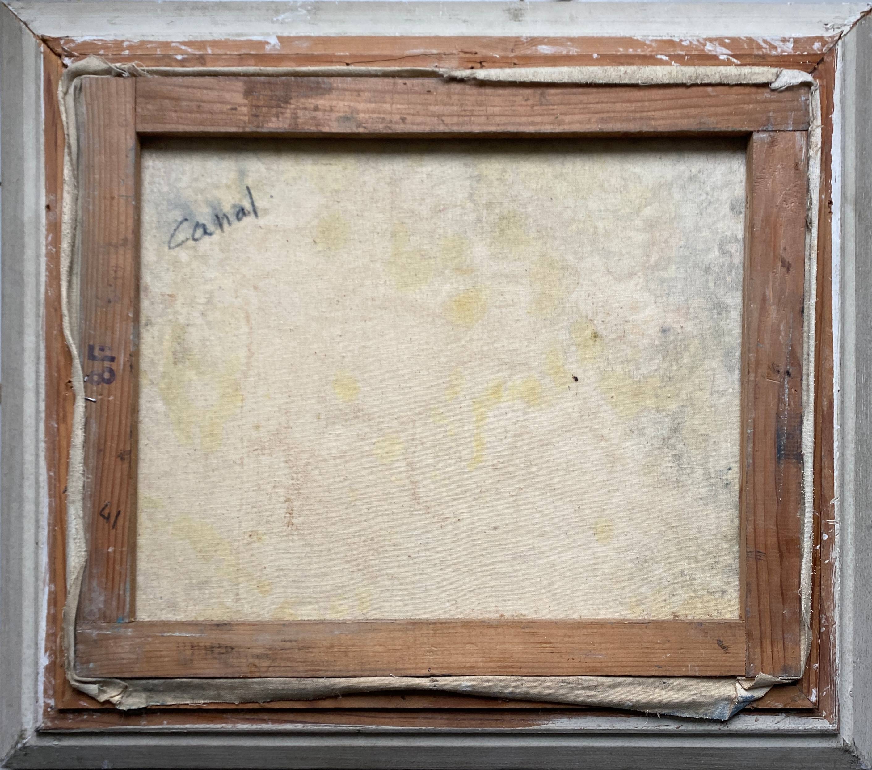 HST painting "The Canal with barges" Post impressionist signed Dumas + frame