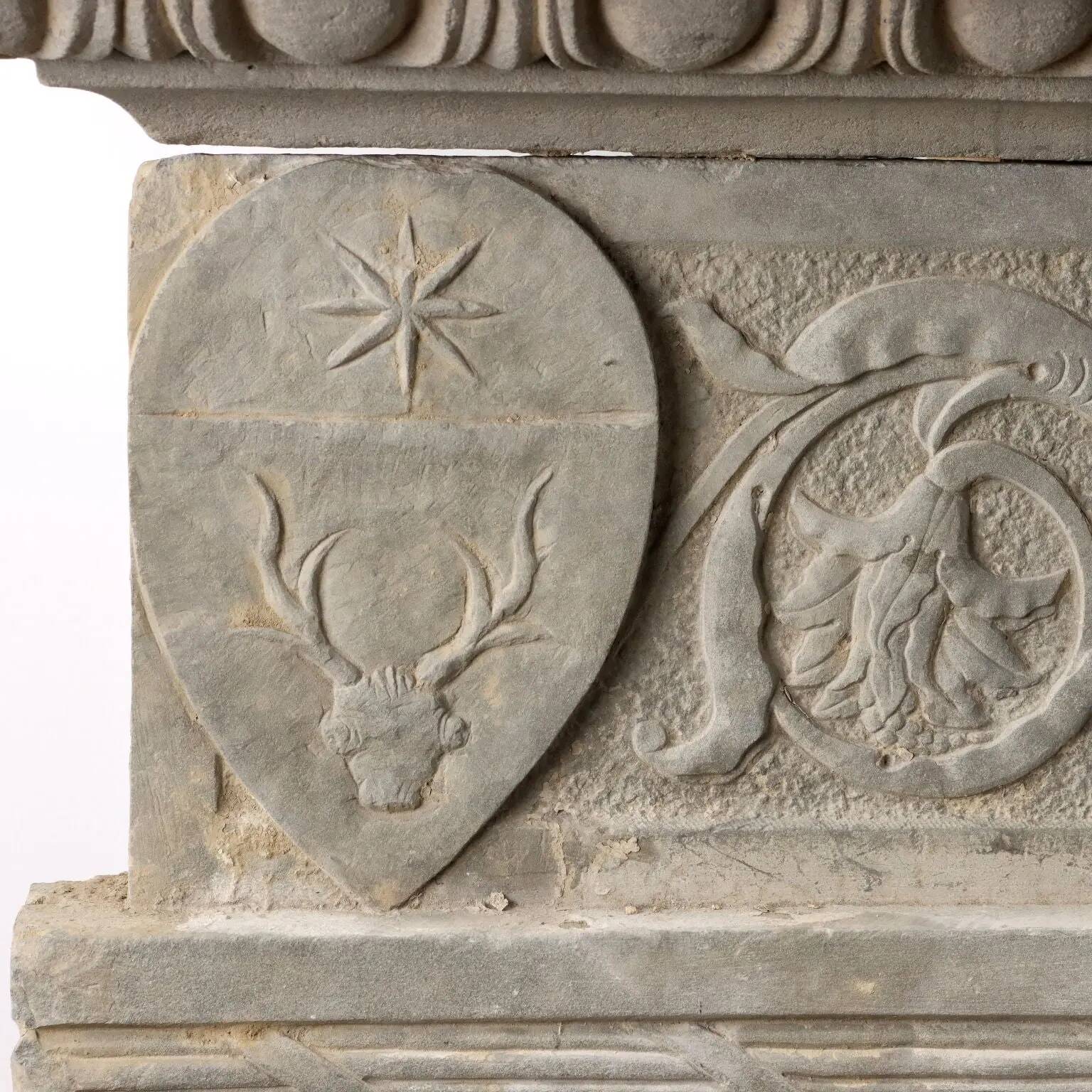 Ancient Renaissance fireplace lintel in pietra serena stone, 15th century.
