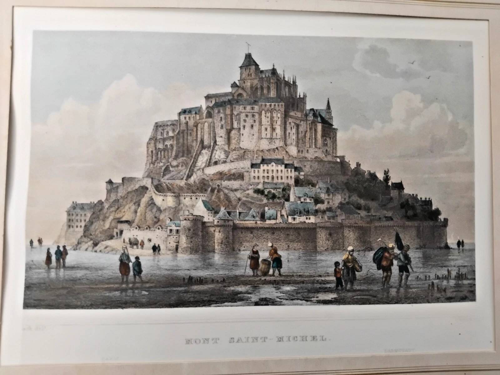 Vintage Framed Watercolour Print "Mont St Michel"