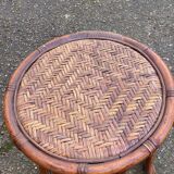 Vintage round stool in bamboo, rattan, and wicker.