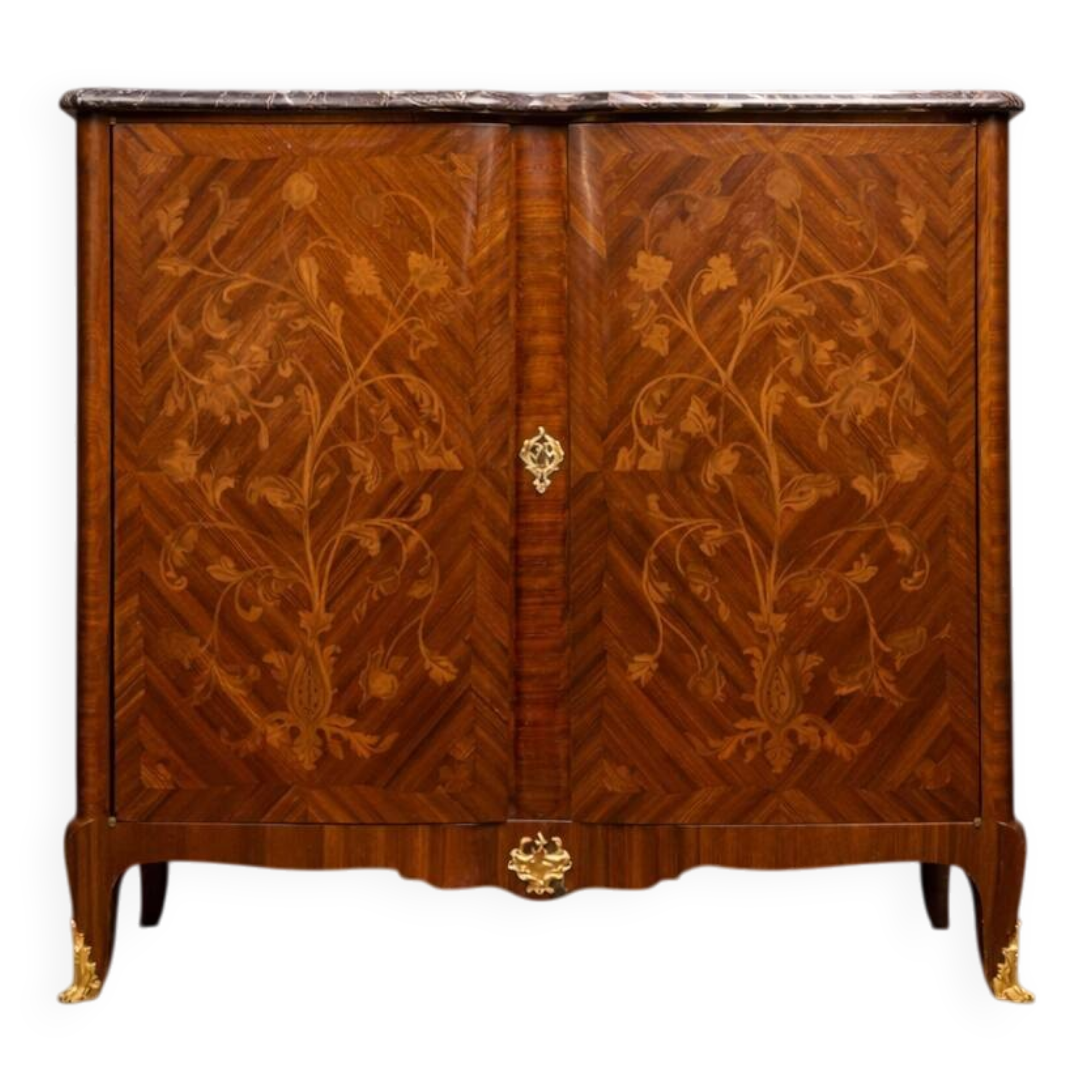 Wooden cabinet with doors, richly inlaid with floral patterns, Louis XV style.