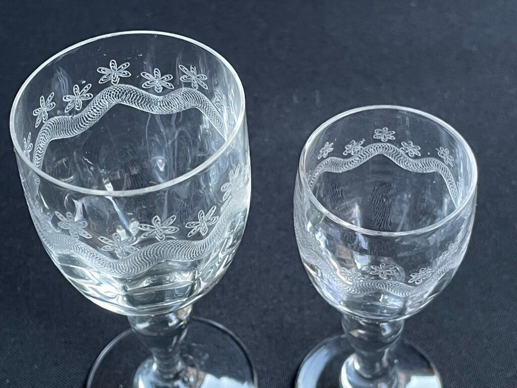 14 Meisenthal blown and engraved digestive glasses
