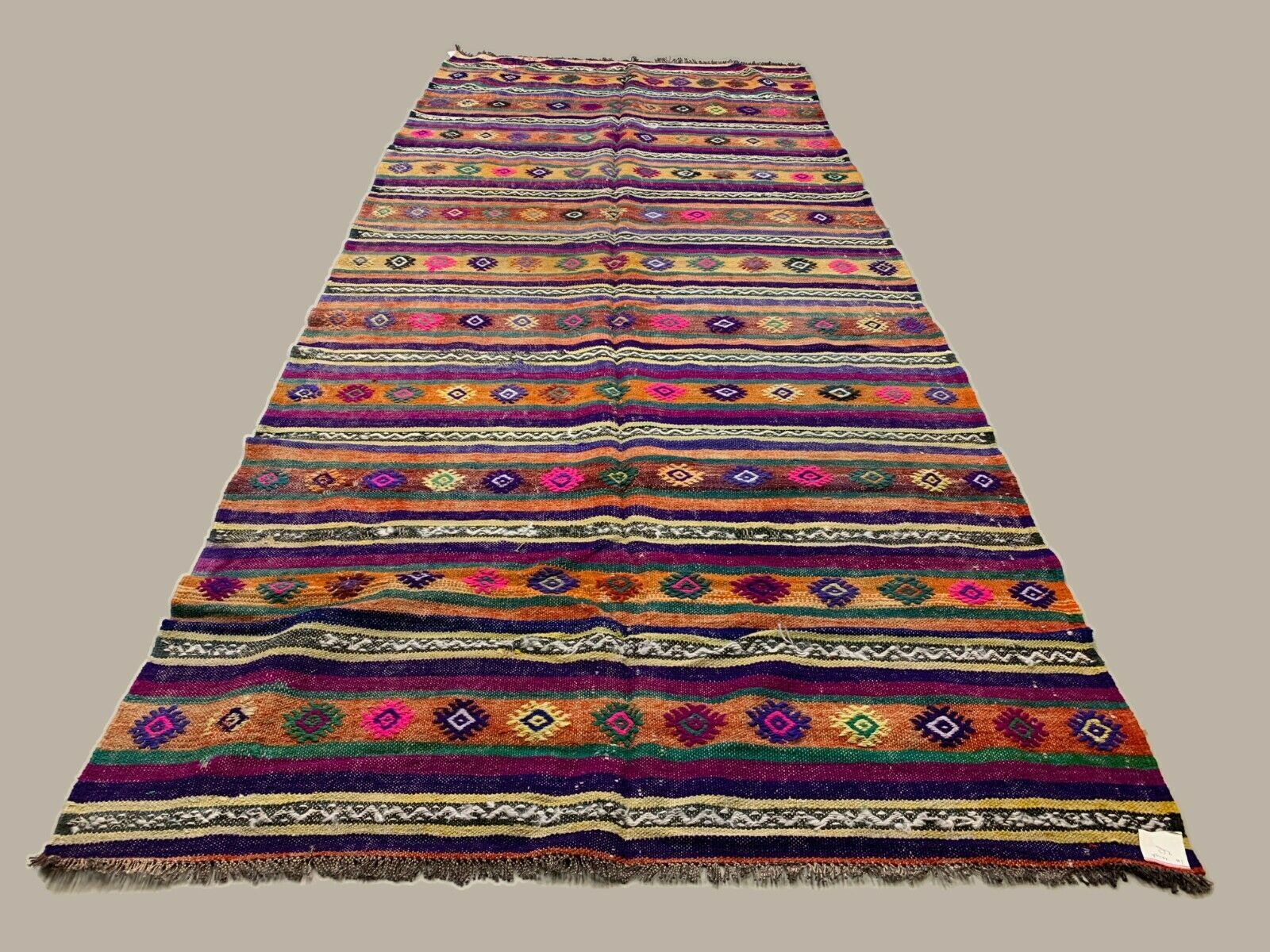 Colourful Vintage Turkish Kilim 318x138 cm Kelim Rug Wool Red Green Black Large