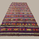 Colourful Vintage Turkish Kilim 318x138 cm Kelim Rug Wool Red Green Black Large