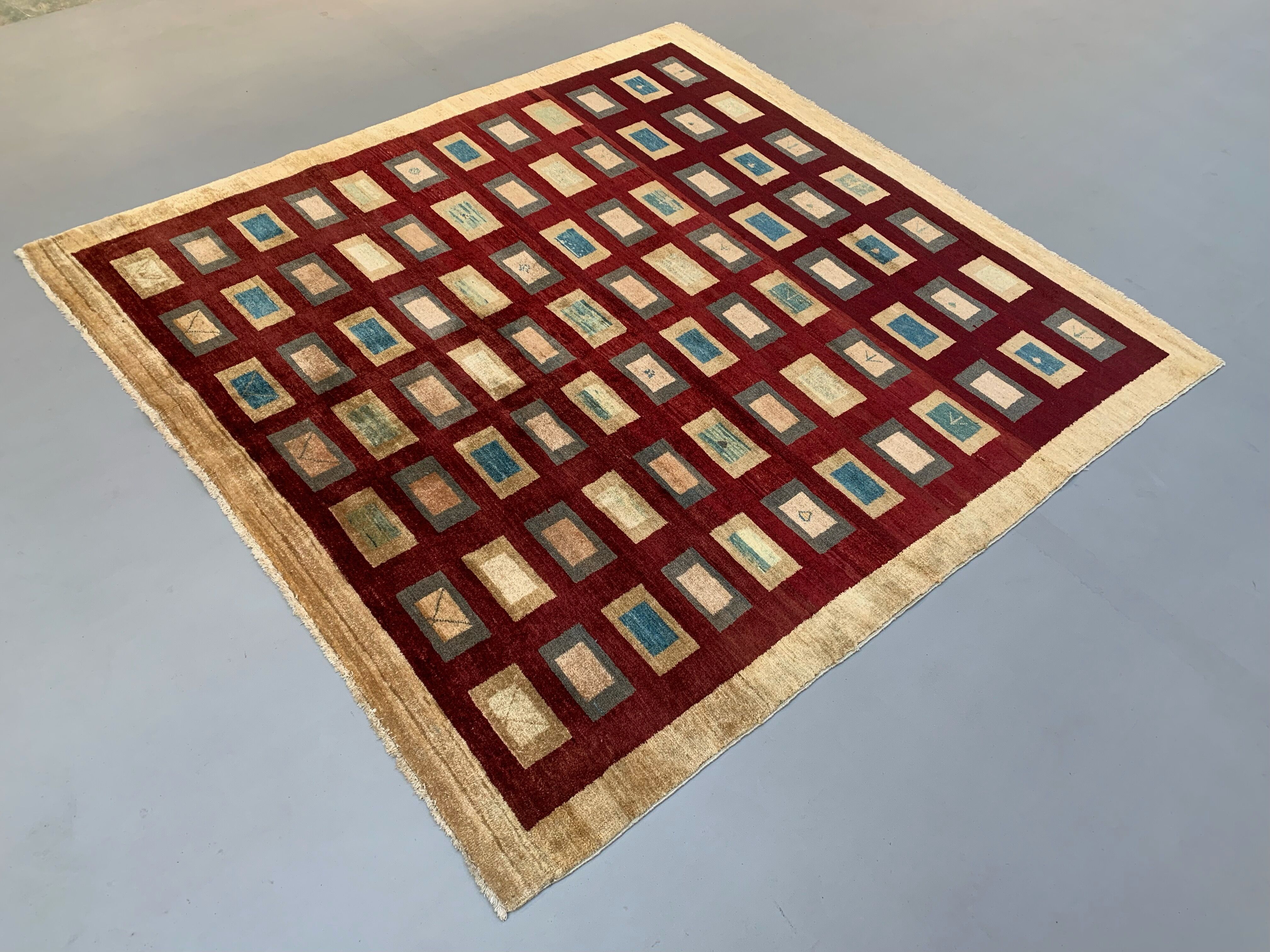 Afghan chobi art deco rug 183x173 cm, square tribal handmade,wool, beige