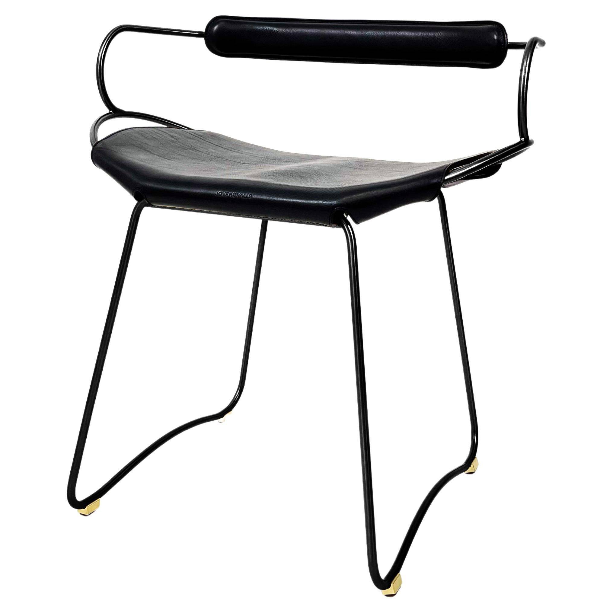 Contemporary sculptural bar stool, smoked black metal sample and black leather.
