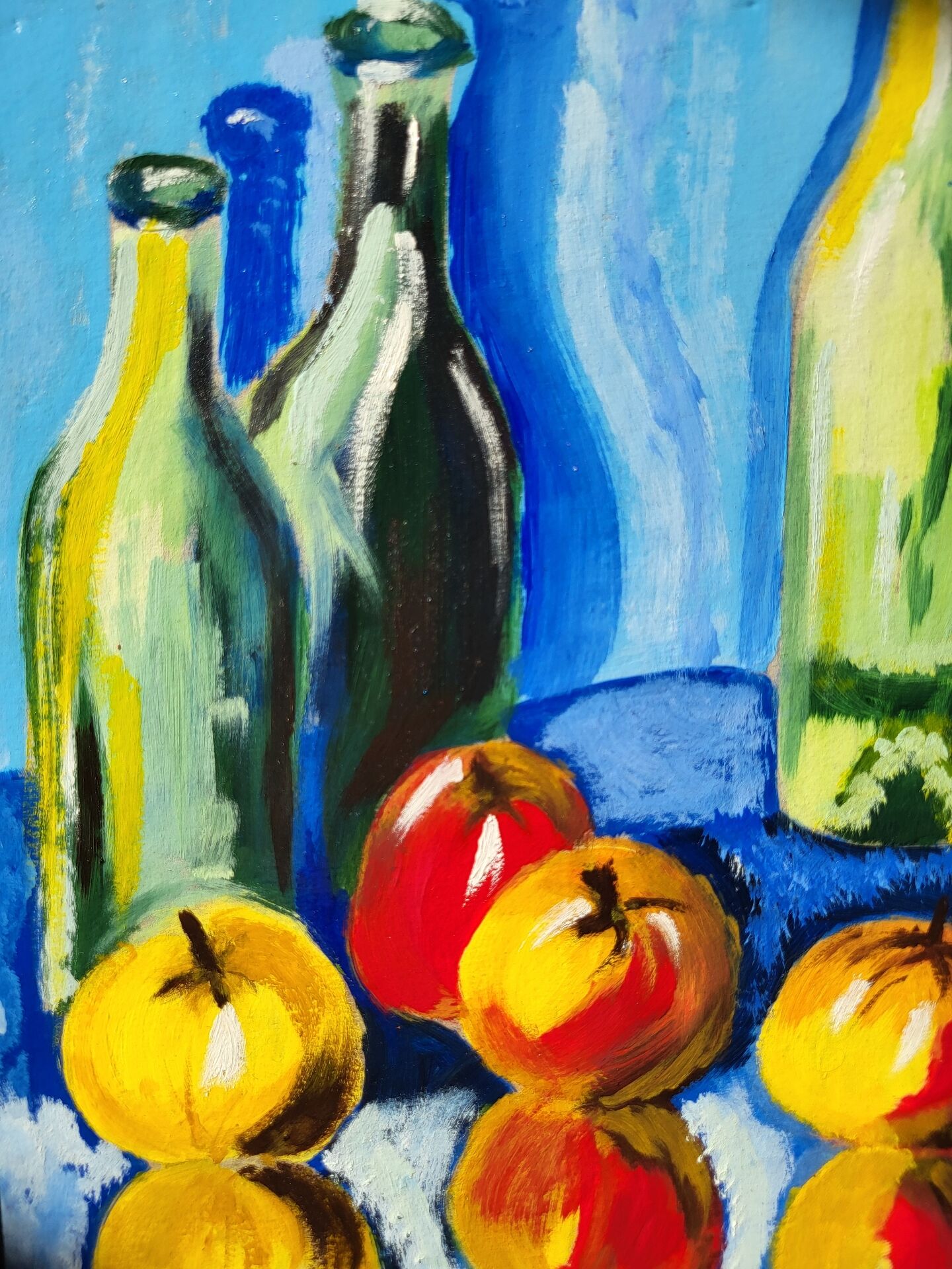 Peinture nature morte vintage encadrée - Bouteilles & Pommes