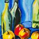 Peinture nature morte vintage encadrée - Bouteilles & Pommes