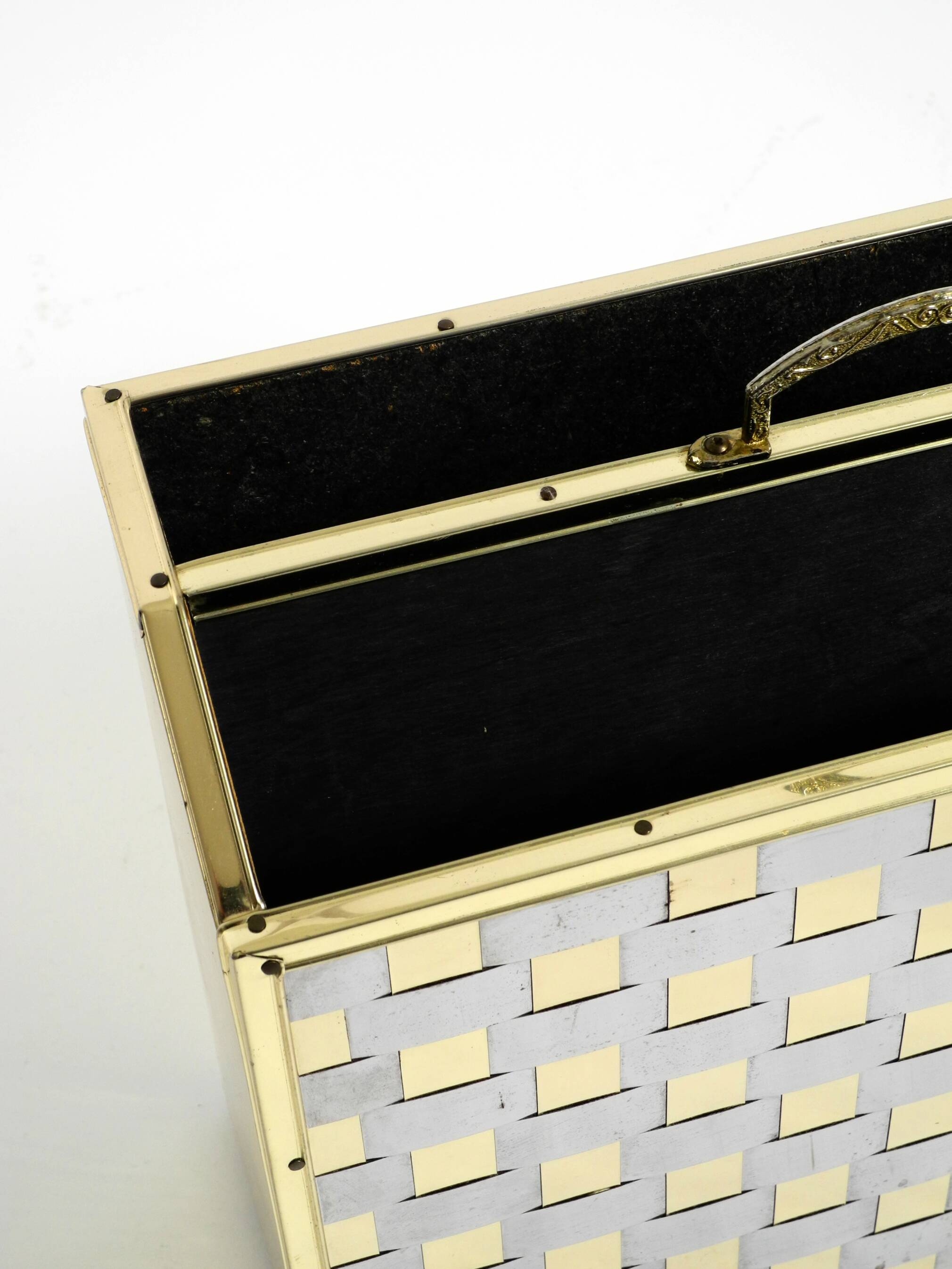 1980s newspaper rack made of brass and wood in Hollywood Regecy design