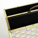 1980s newspaper rack made of brass and wood in Hollywood Regecy design