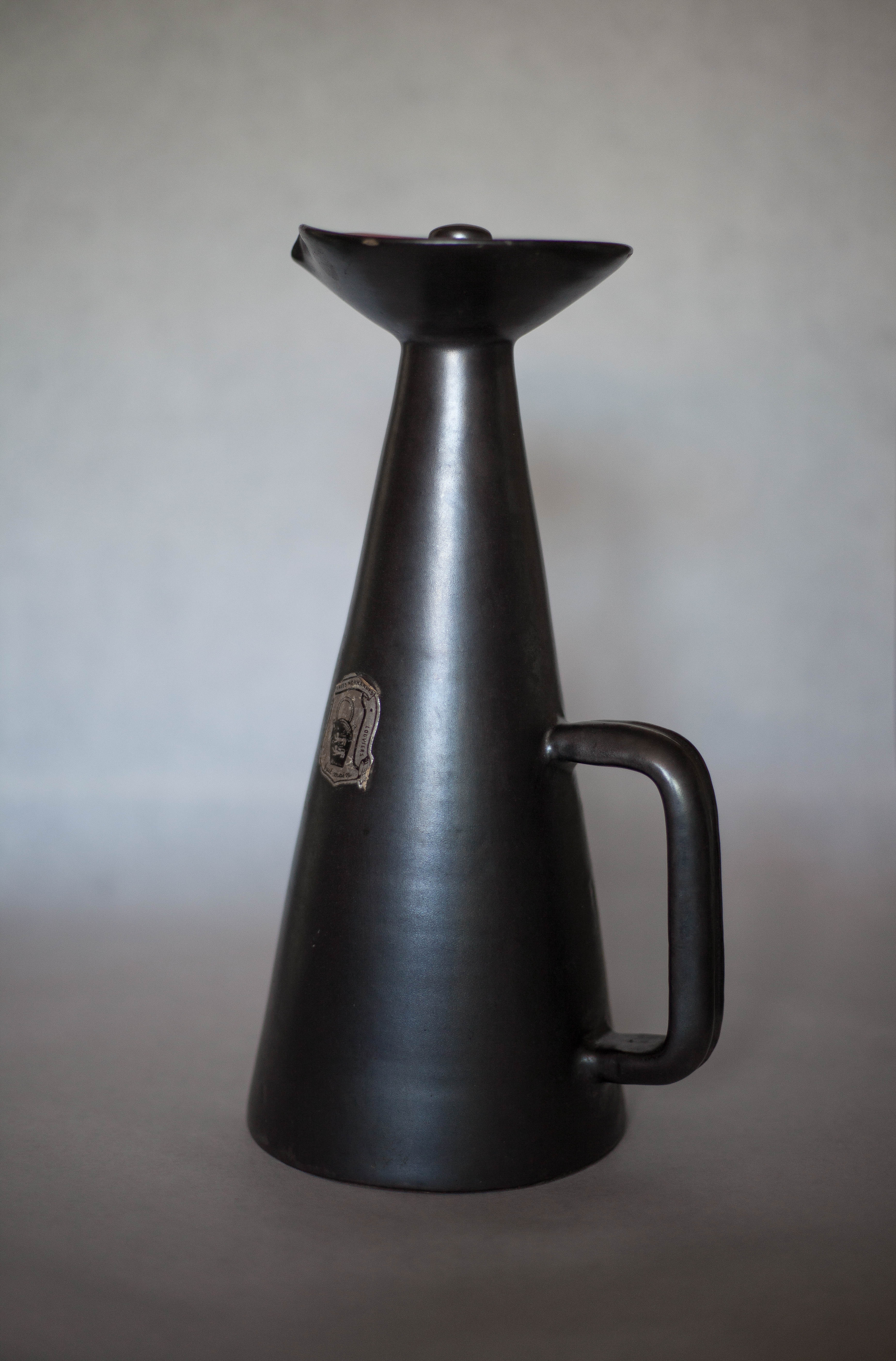 Ceramic pitcher of Louviers manufacture 50s, pitcher with conical handle