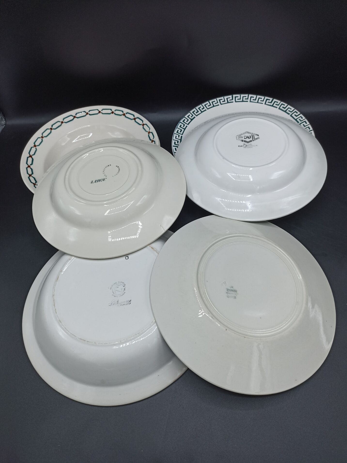 Mismatched set of old plates + dish - Green