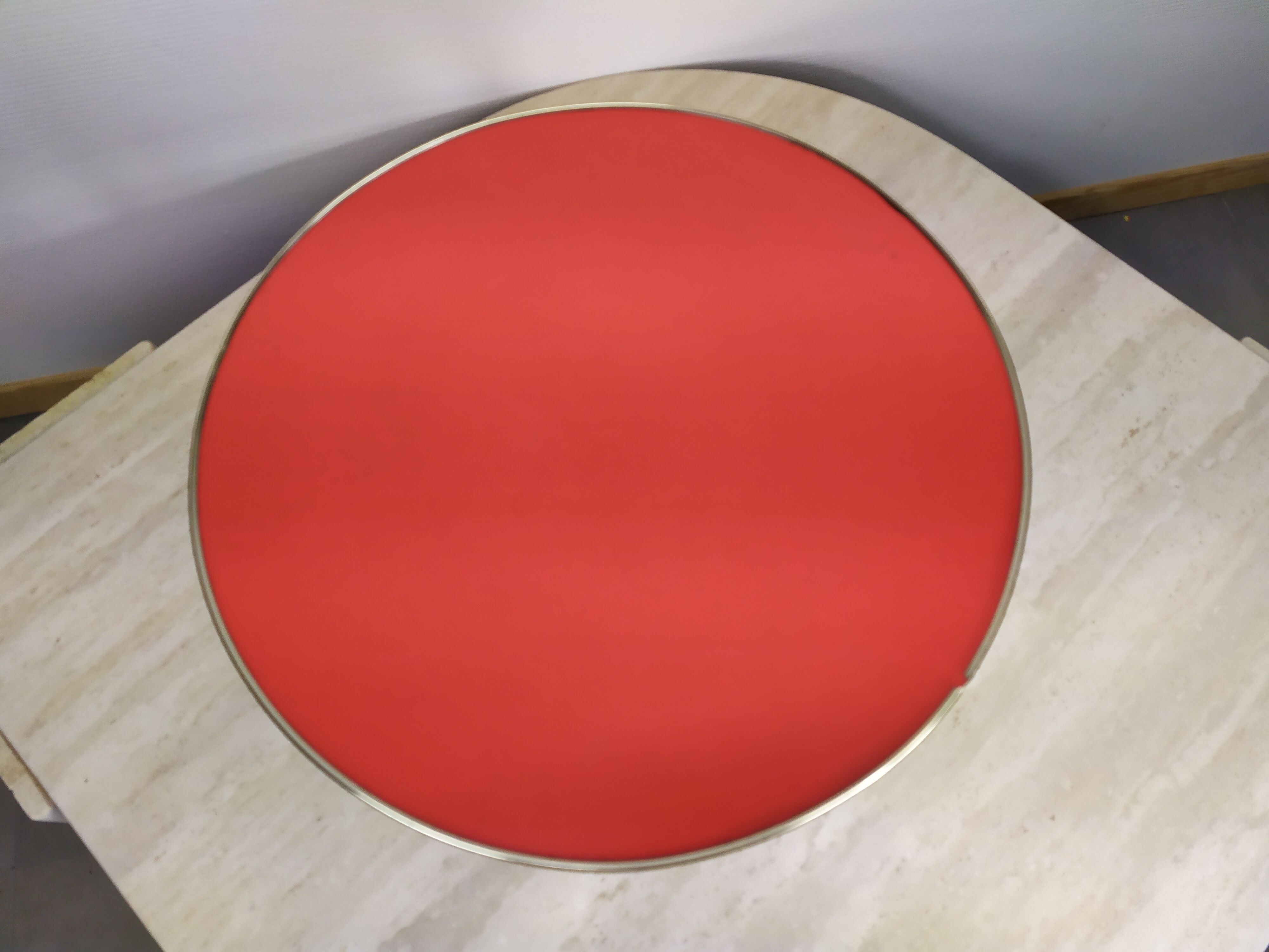 Guerdon small round coffee table red vintage tripod door plant formica