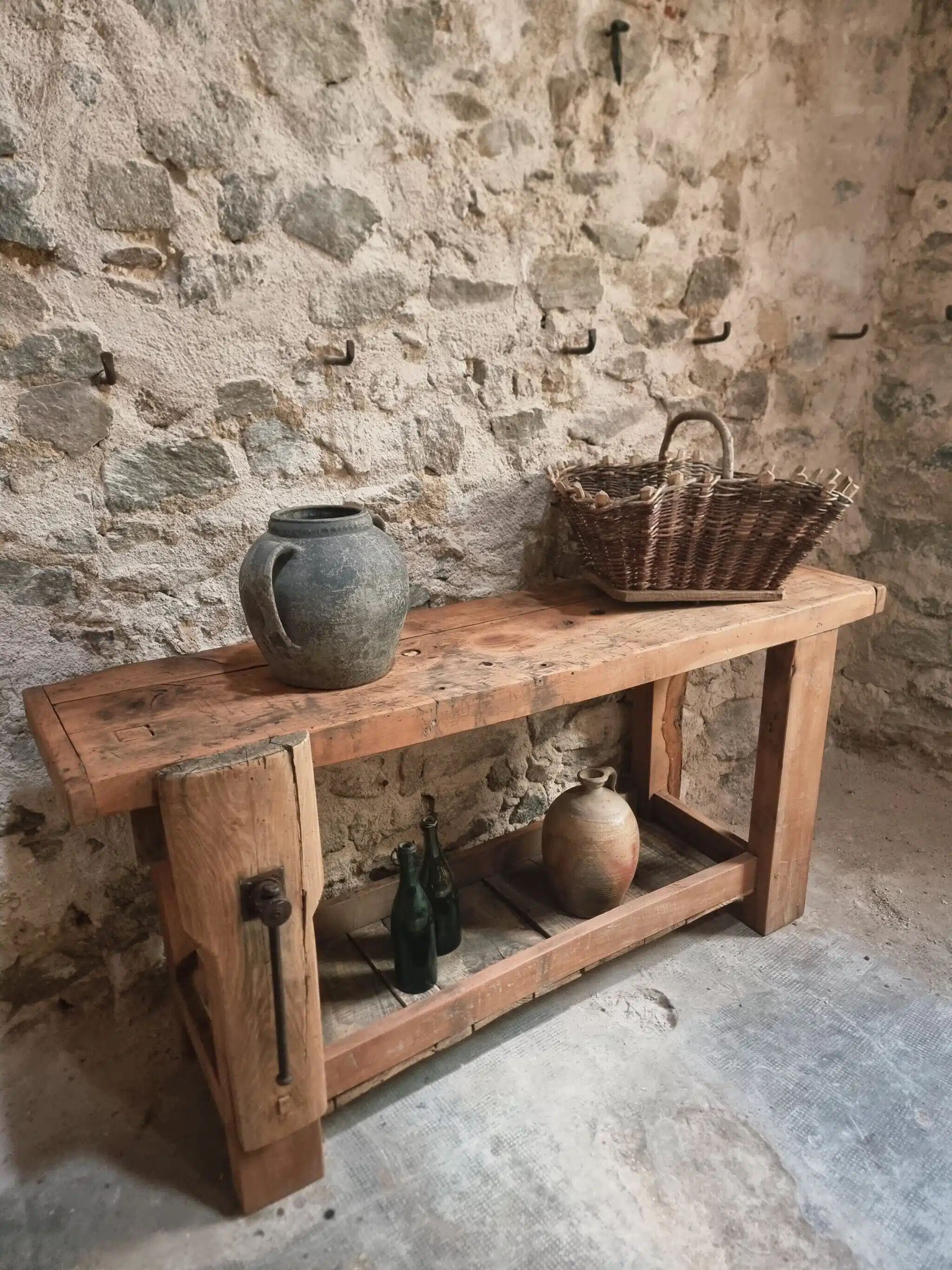 Rustic old workbench, carpenter's bench, console, washbasin unit, around 1900.