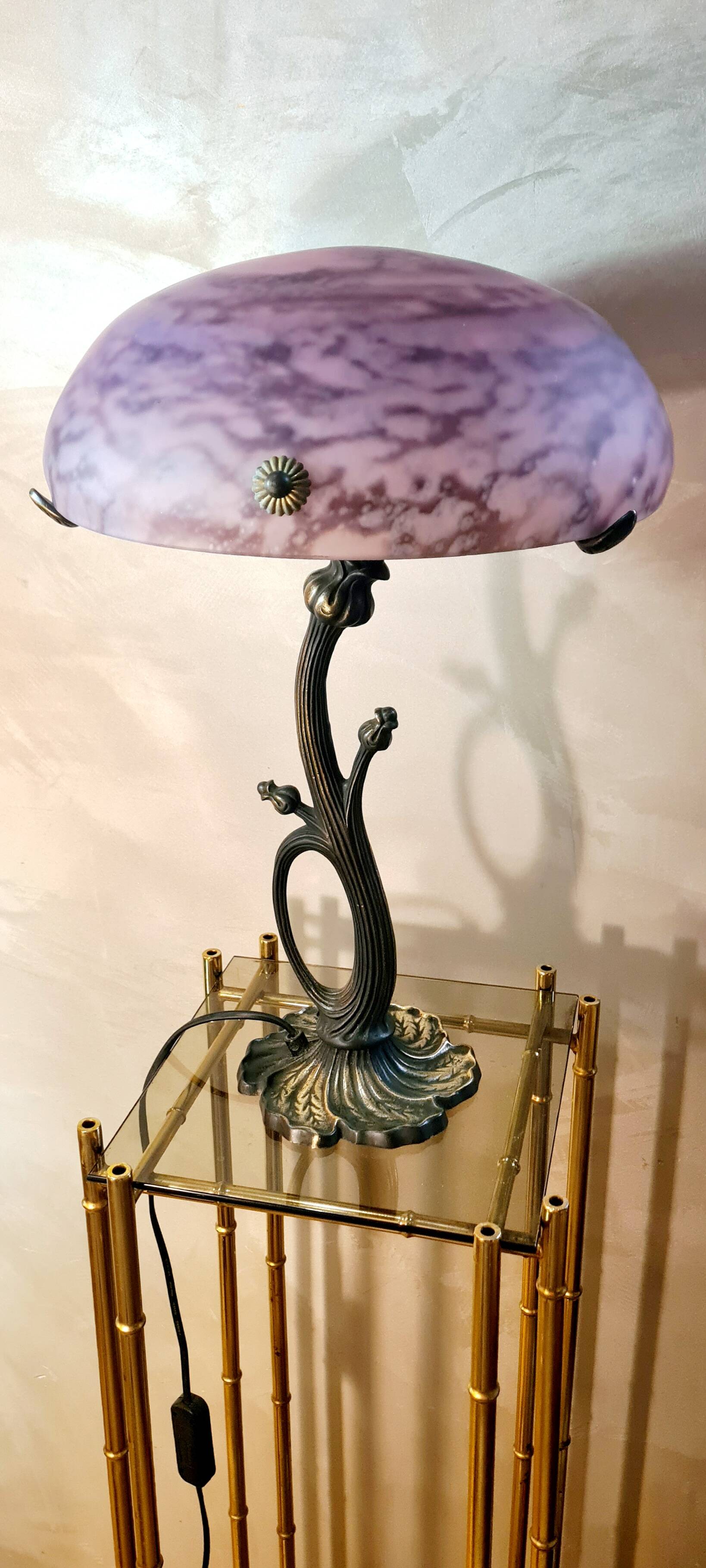 Art nouveau style bronze lamp and its marbled glass paste basin 48x30