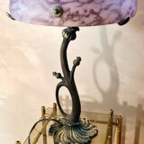 Art nouveau style bronze lamp and its marbled glass paste basin 48x30