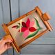 Vintage wooden and glass platter hand-painted – Stylised flower signed Janette
