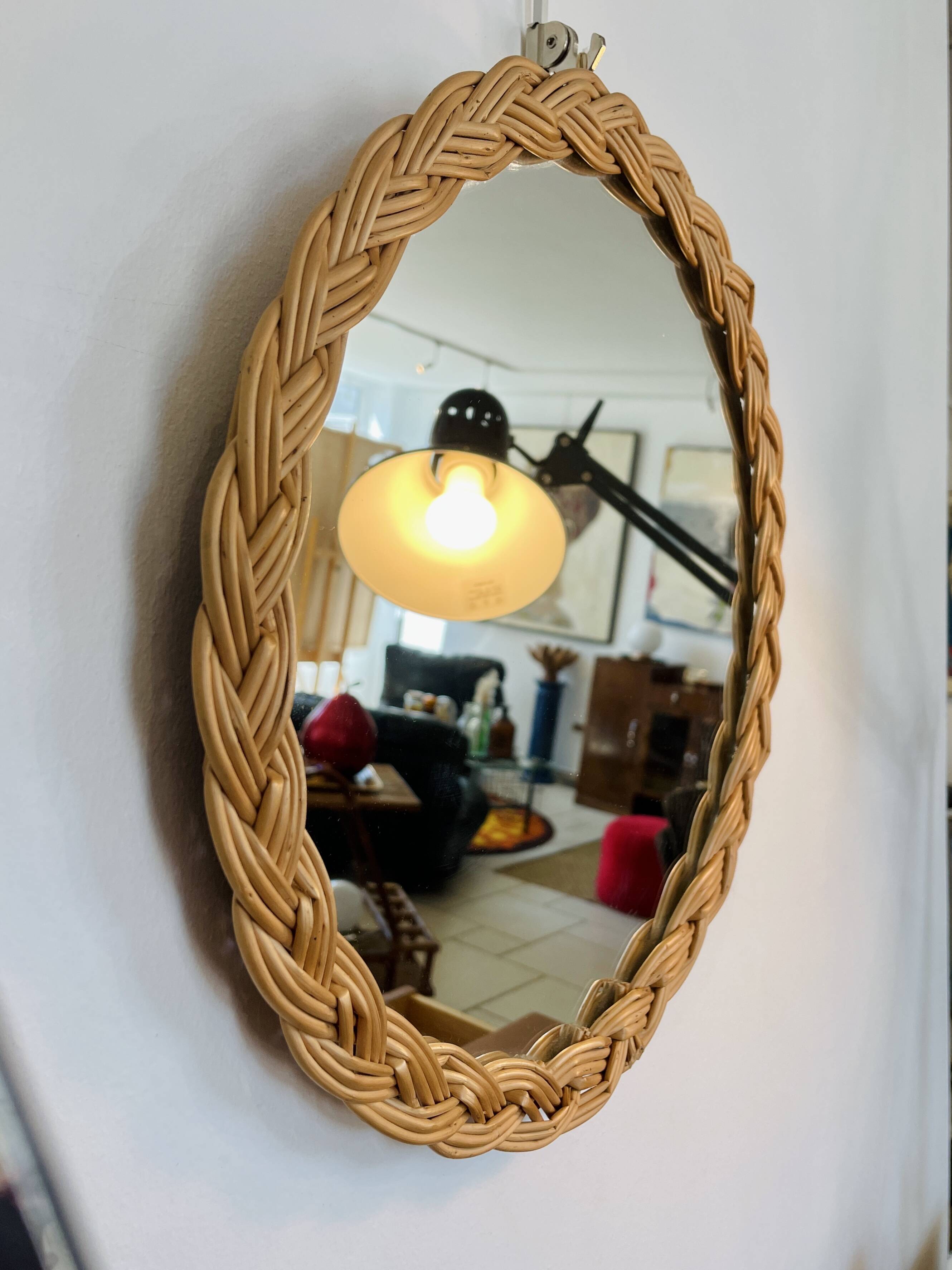 Vintage woven wicker mirror from the 70s