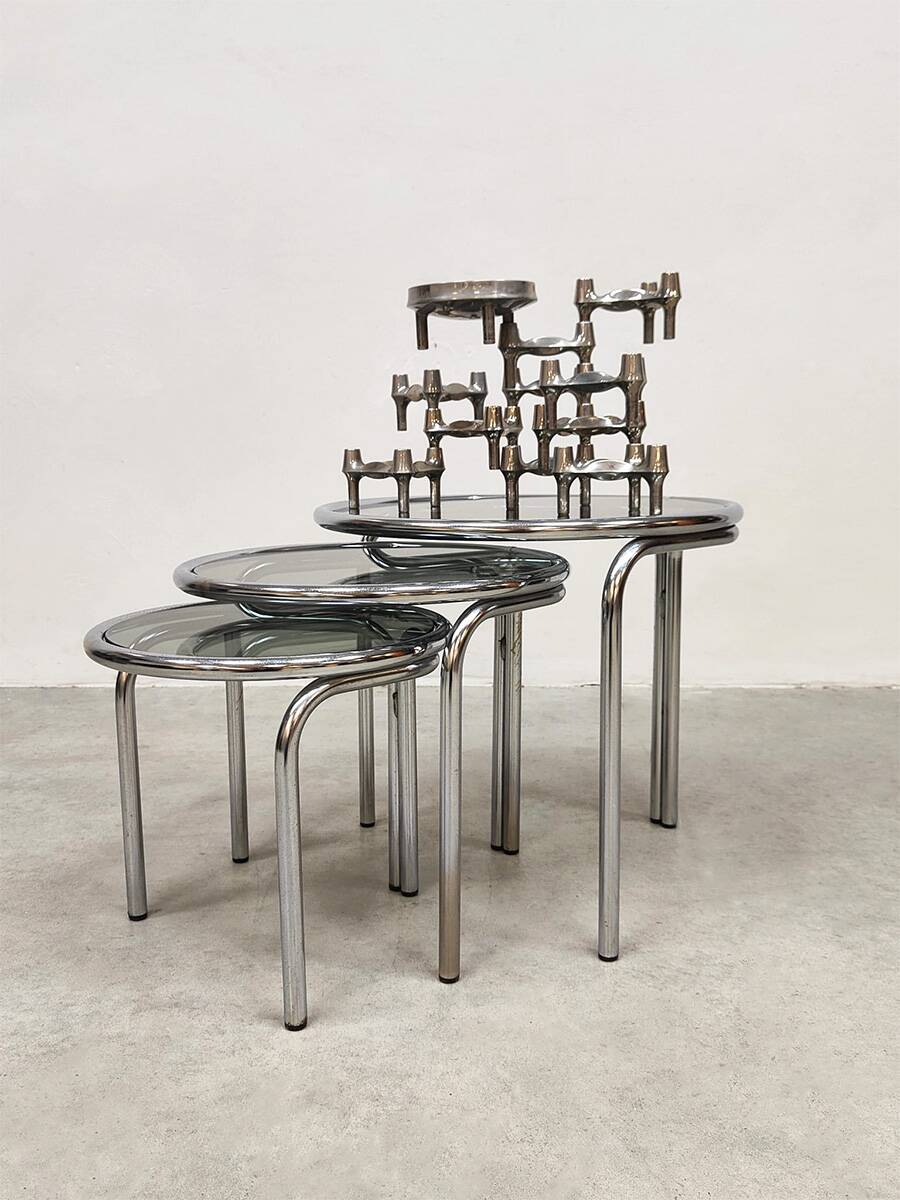 Vintage side tables in chrome and smoked glass by Italian design Mimiset
