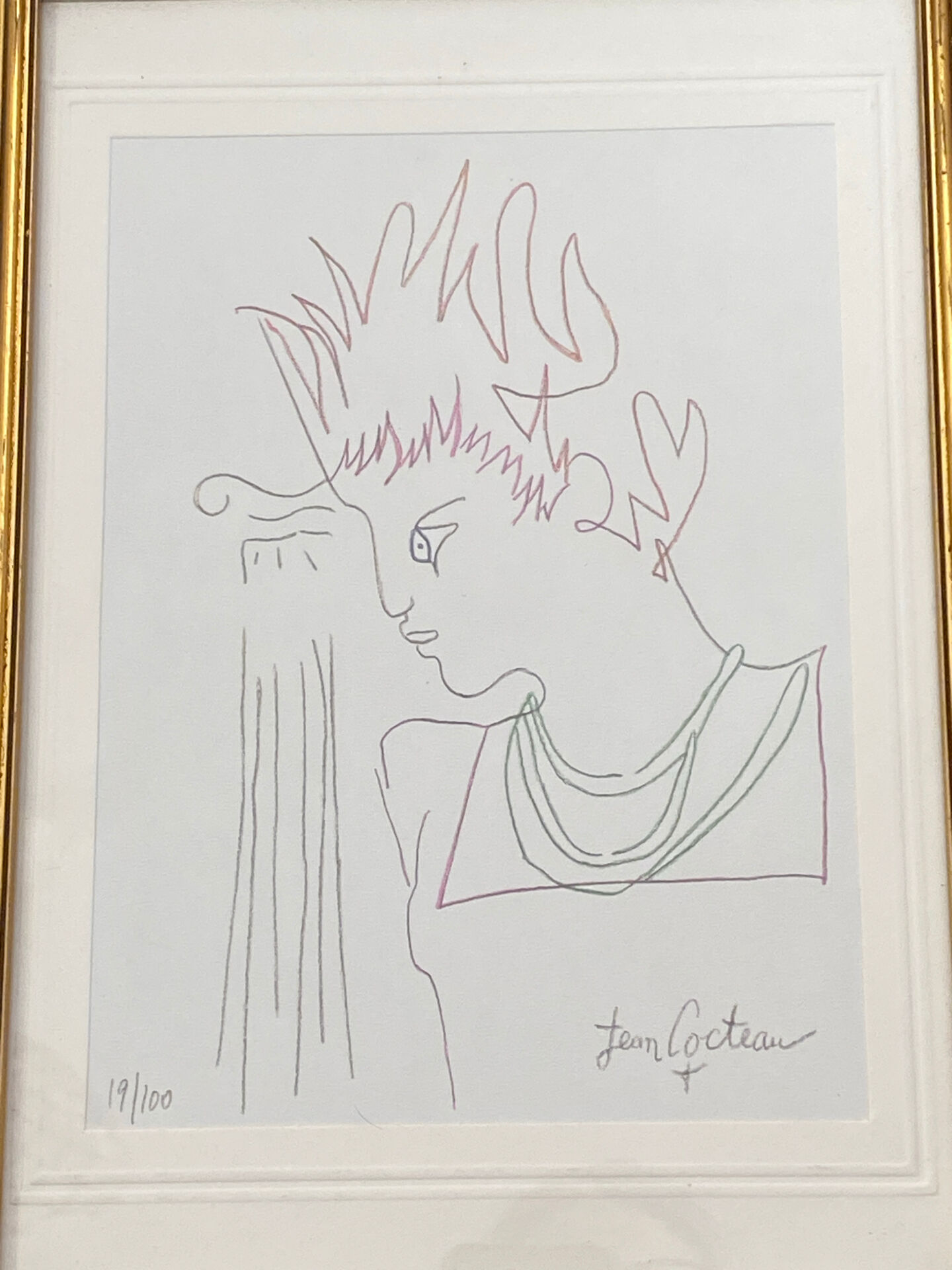 Lithographie, profil, Jean Cocteau