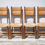 Wooden and straw chair x 4, chair with seat and straw back, chalet, countryside, decoration