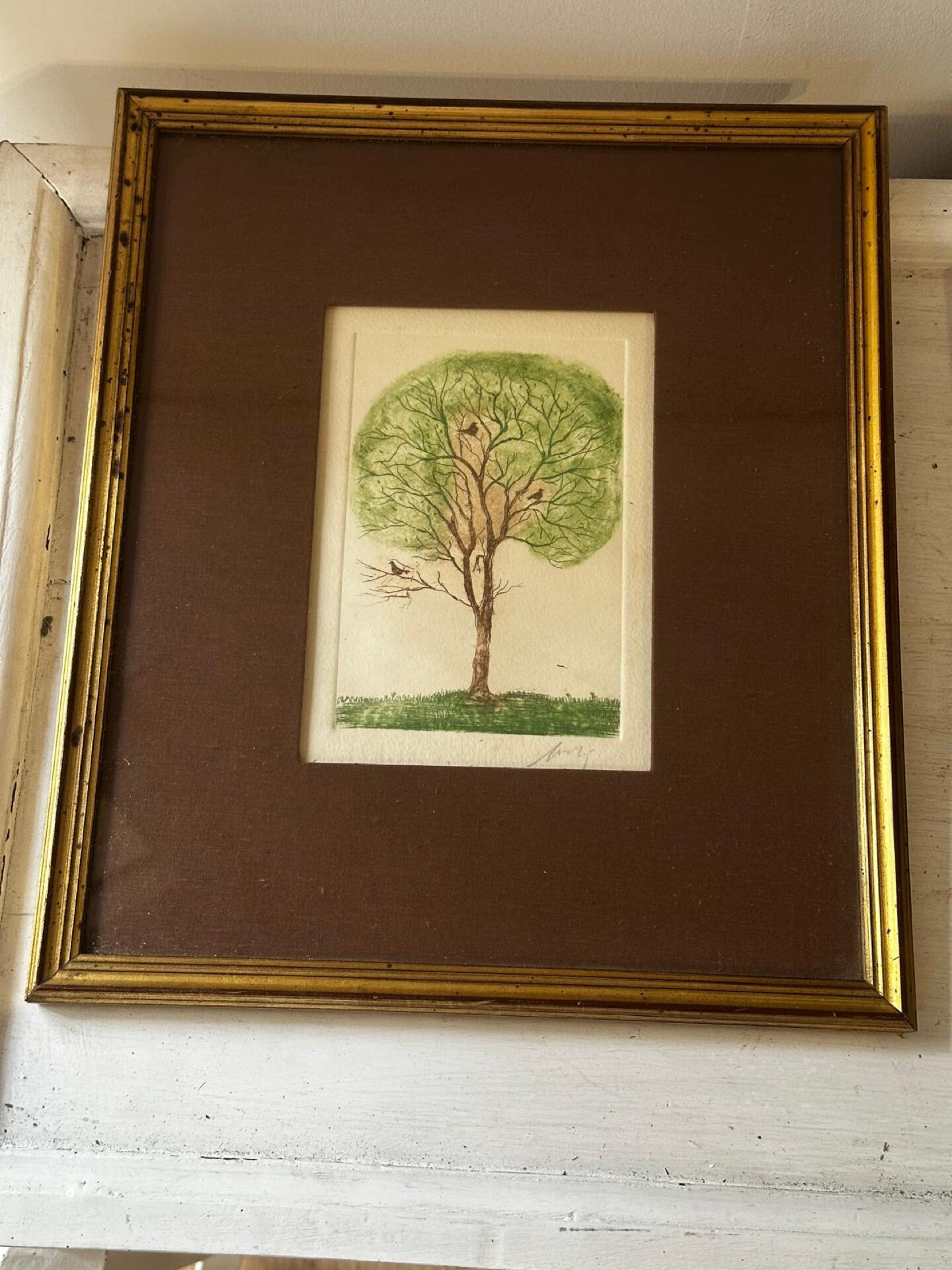 Original signed drawing – Tree with birds - frame 33/28 cm