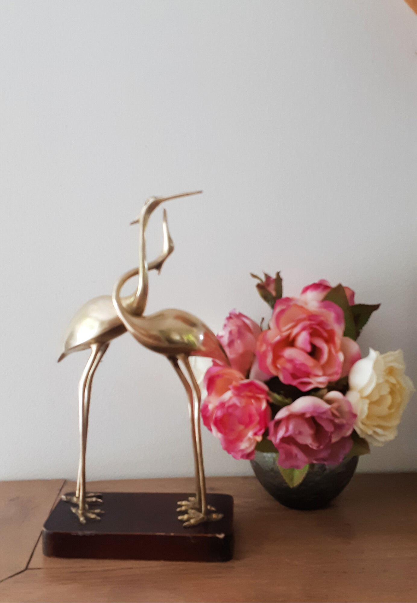 Couple of wading birds in brass on wooden base