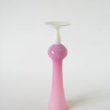 Single flower vase in opaline, pink with white feet, 1970.