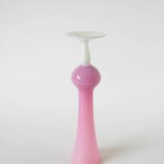 Single flower vase in opaline, pink with white feet, 1970.