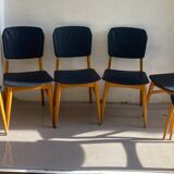 Set of 6 Scandinavian chairs in light wood and black faux leather