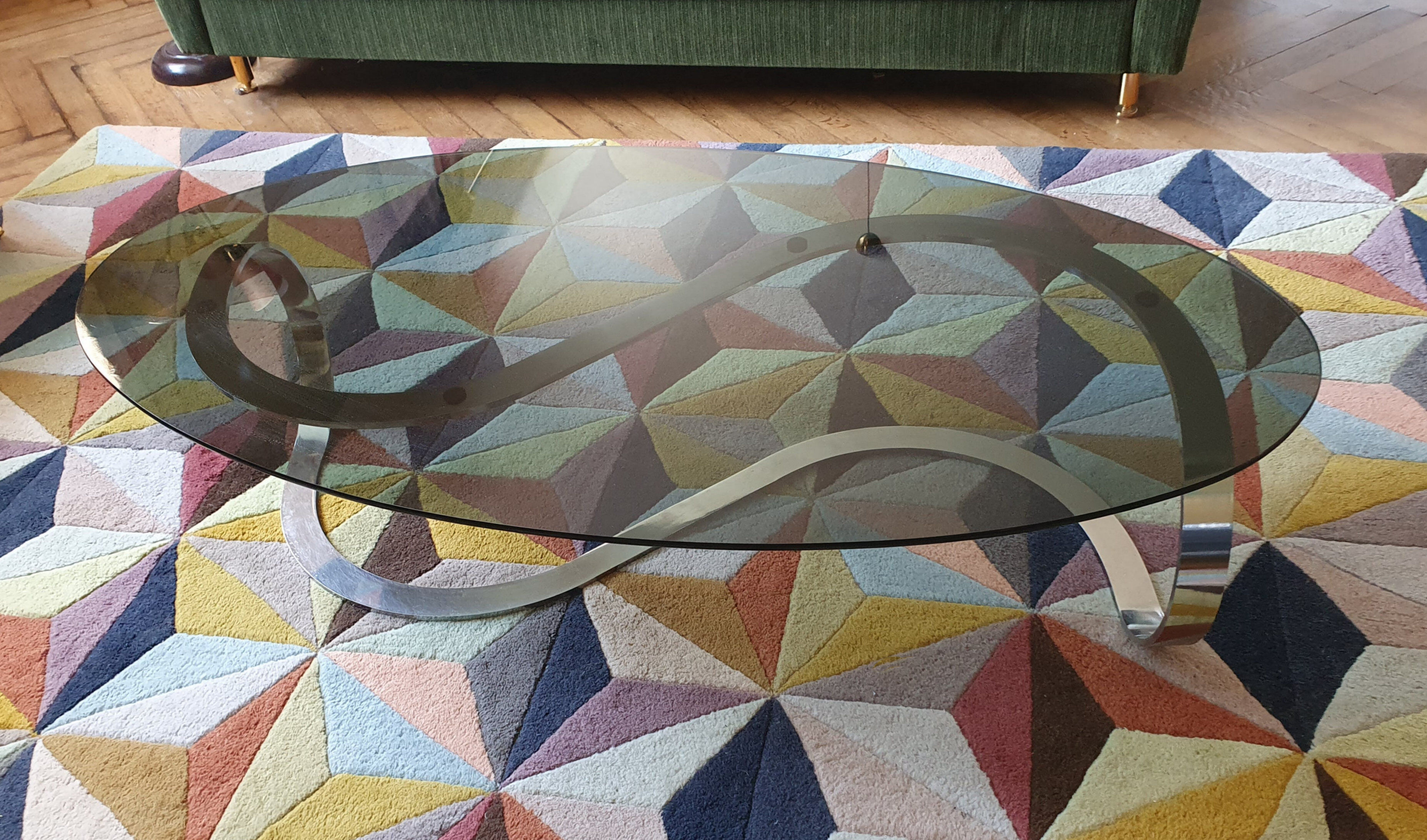 Oval coffee table chrome metal and smoked glass 70s