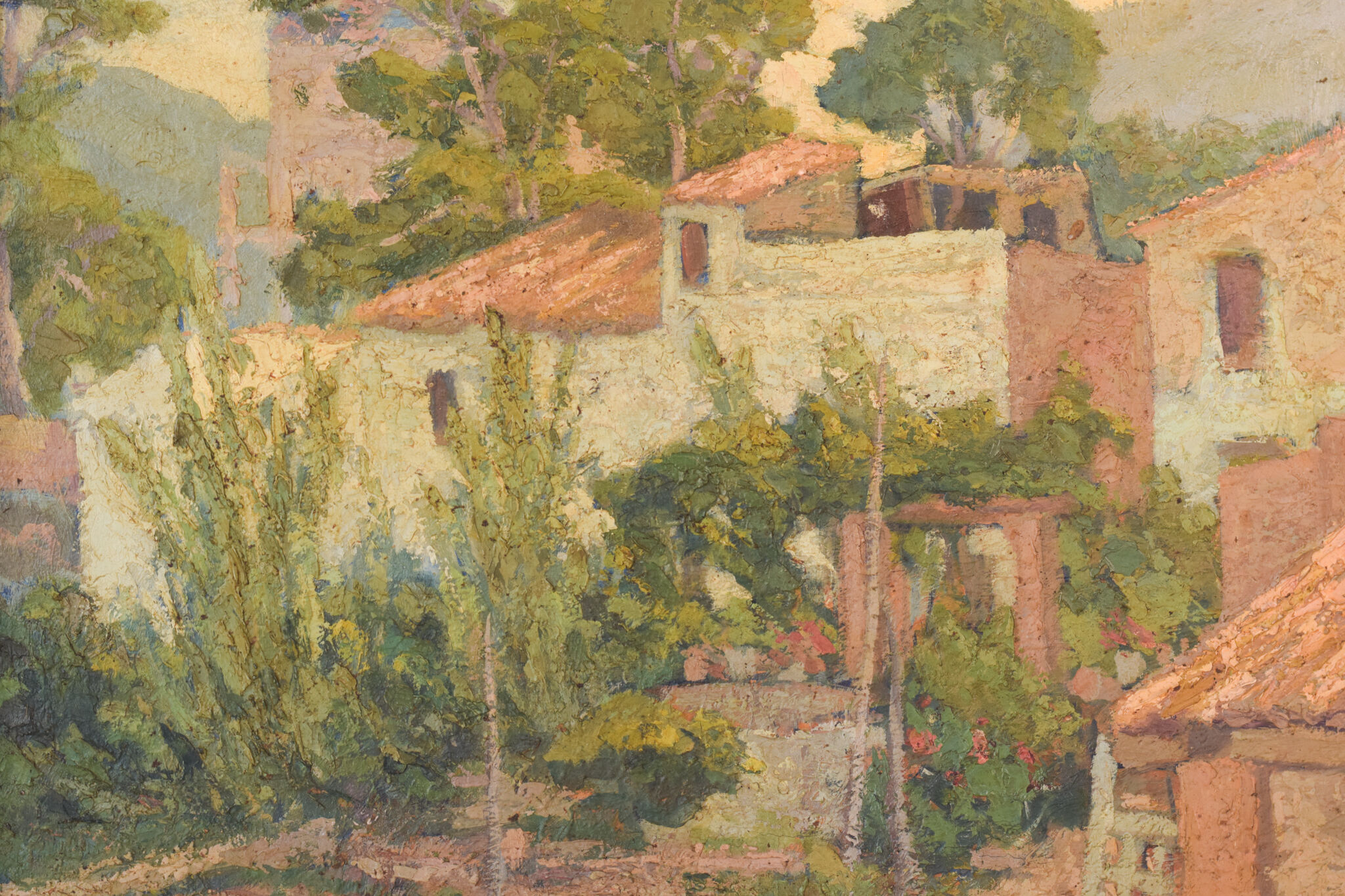 Impressionist painting of villas and garden