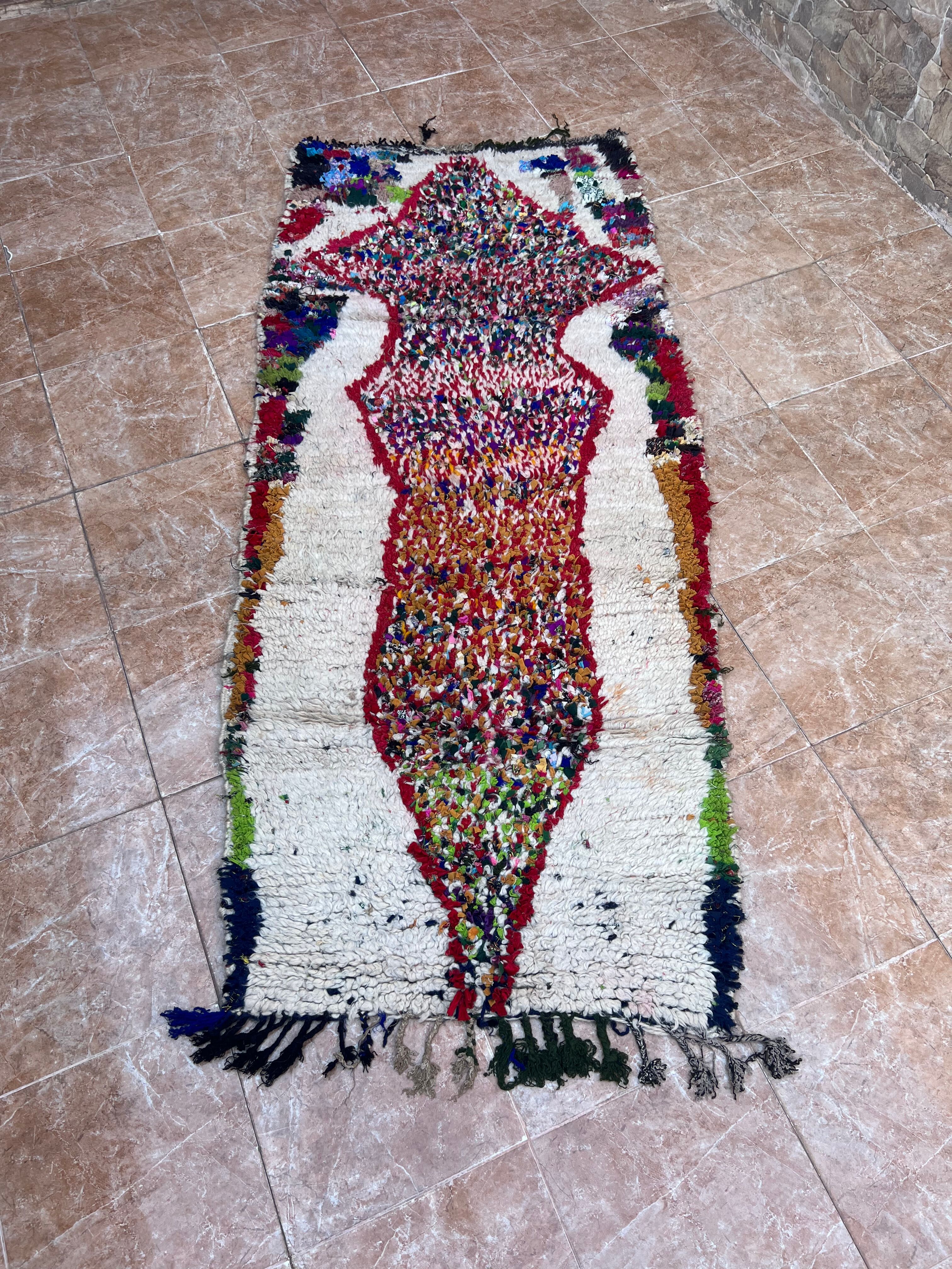 Vintage Boujaad wool table runner: red and black Moroccan rug.