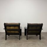 Living room sofa and brutalist armchairs in leather and wood, 70s, chalet style