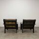 Living room sofa and brutalist armchairs in leather and wood, 70s, chalet style