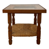 Wood, straw and glass side table, circa 1950