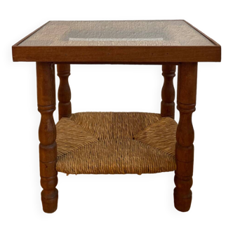 Table d’appoint bois, paille et verre, vers 1950
