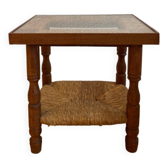 Wood, straw and glass side table, circa 1950