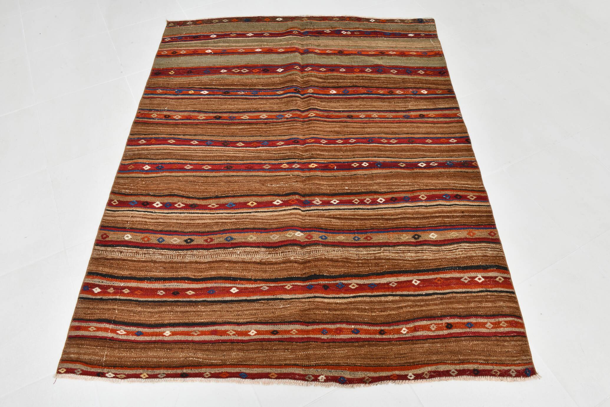 Red & Brown Pinstriped Style Vintage Kilim Rug, 142x182Cm