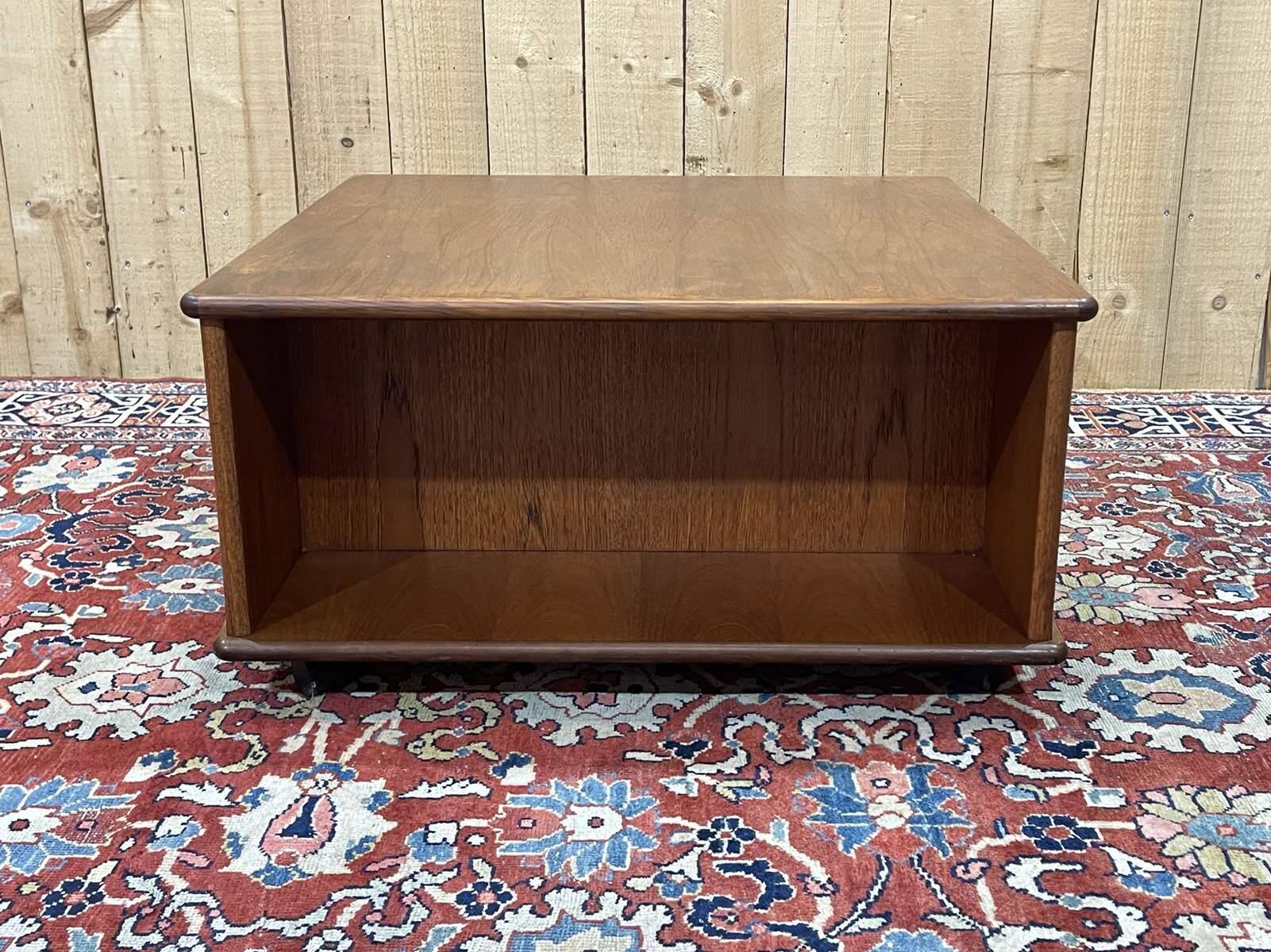 Square teak coffee table on wheels from the 70s by G-Plan