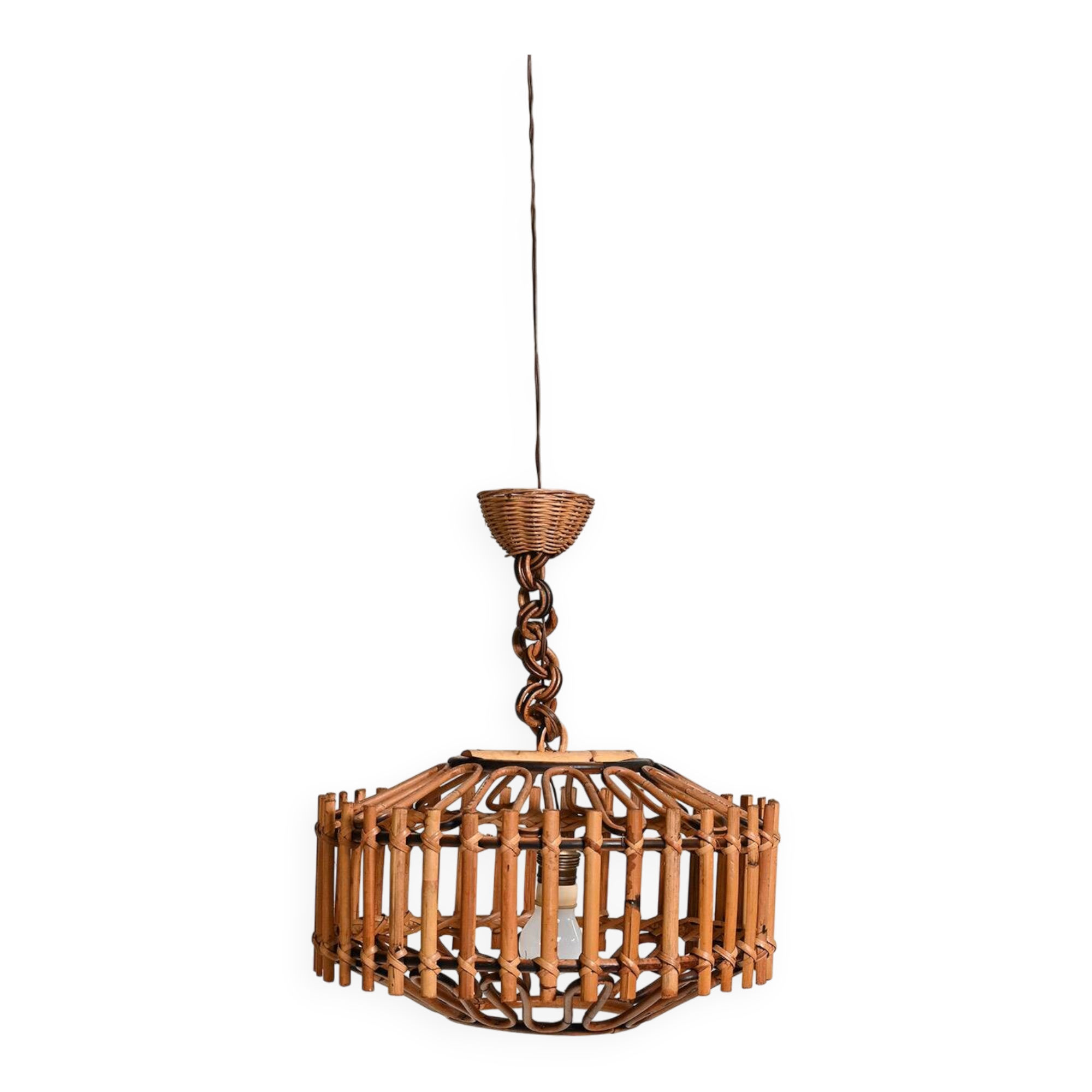 Lampe de plafond en rotin tressé, années 70